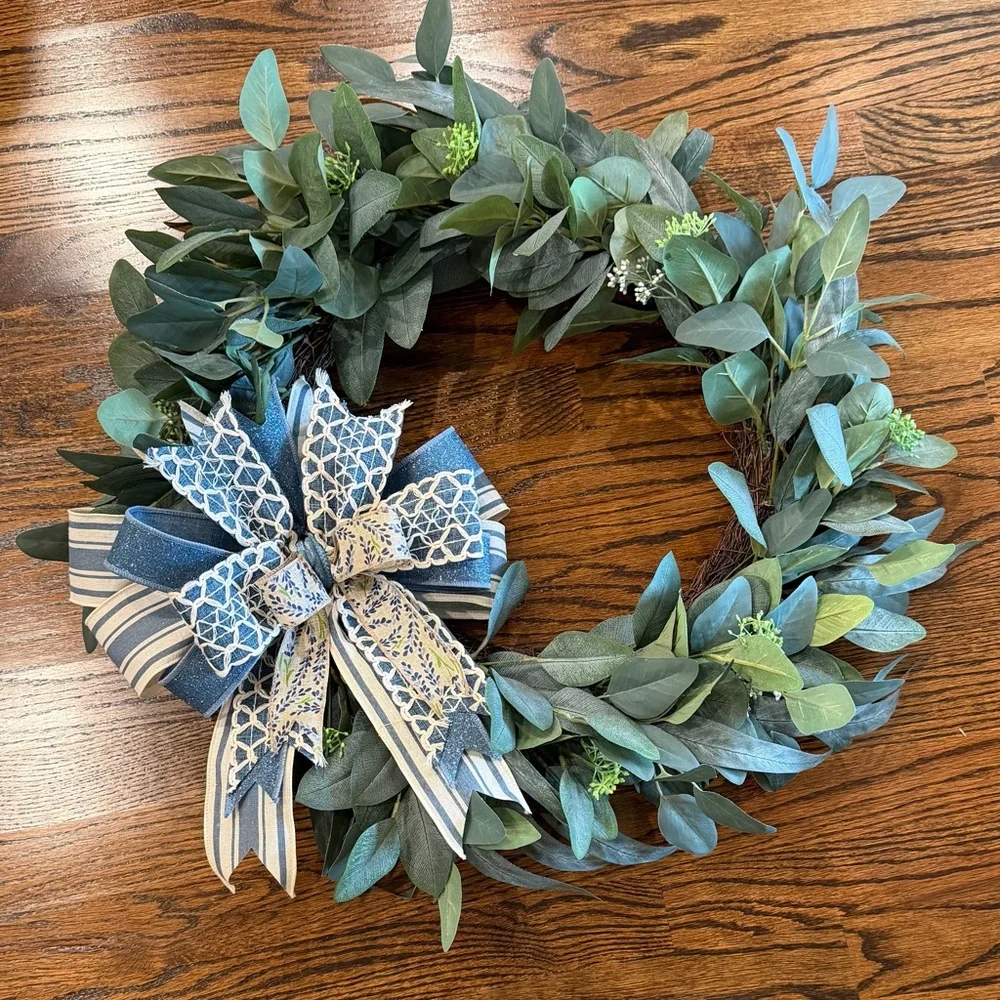 Blue & Green Eucalyptus Holiday Wreath with Decorative Bow